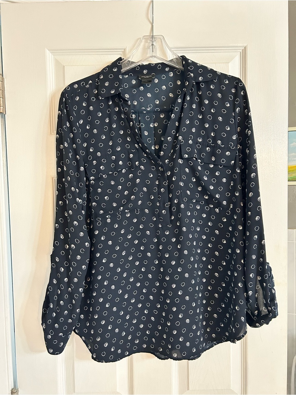 Ann Taylor Factory Navy Printed Long-Sleeve Blouse